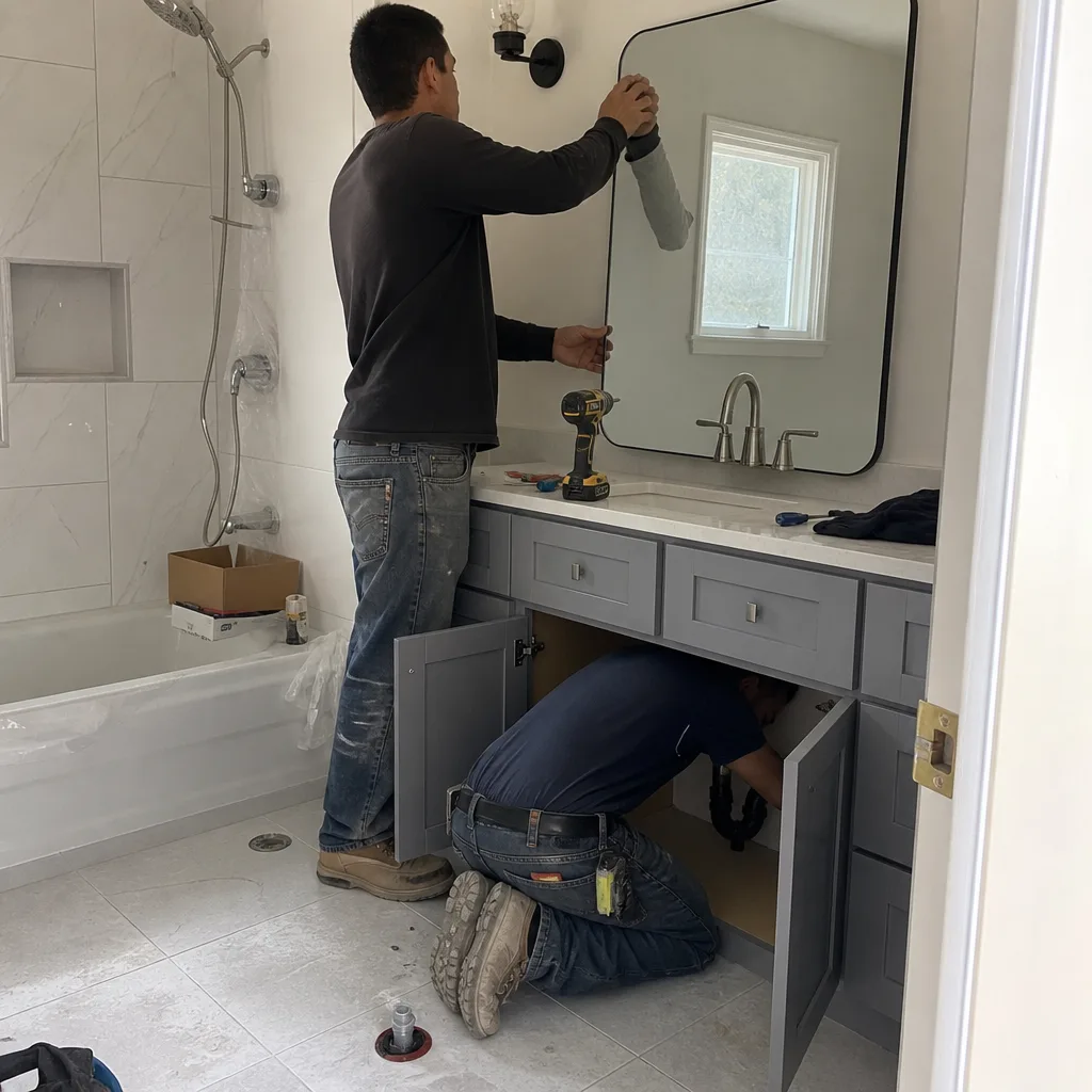 Two professional contractors performing bathroom remodeling and plumbing installation
