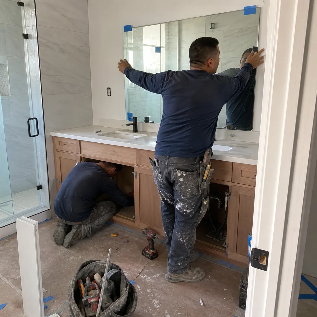 Contractors performing professional bathroom remodeling installation and plumbing work.