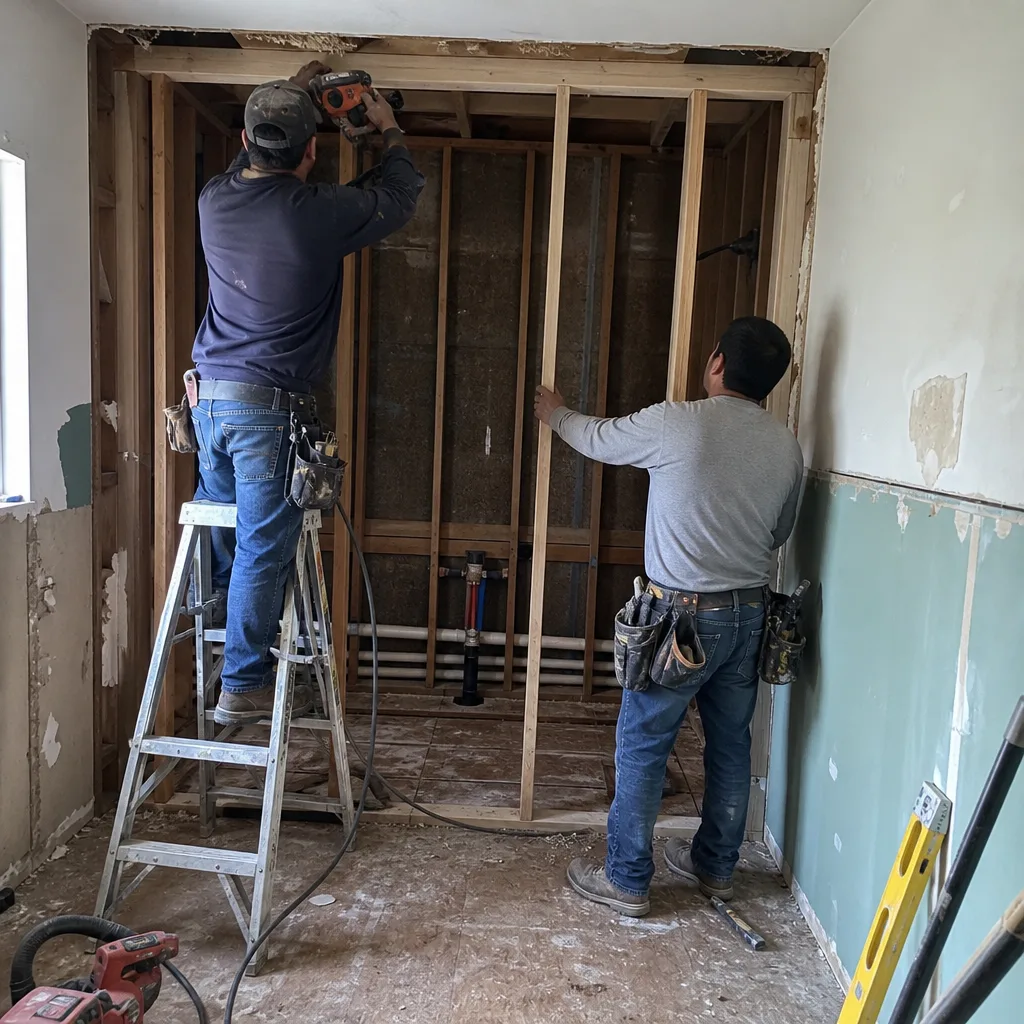 Professional contractors framing a wall during a residential bathroom remodeling project.