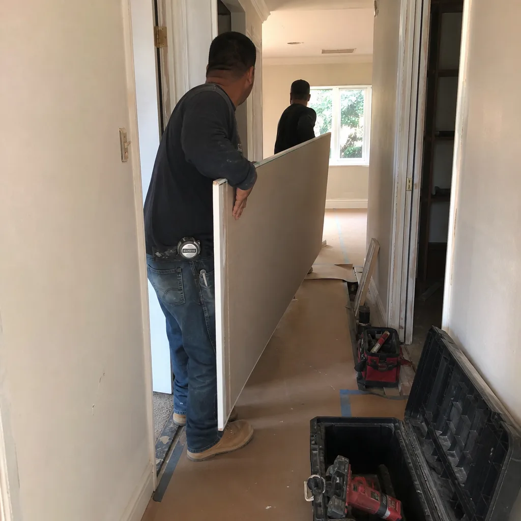 General contractor moving drywall sheet in a home renovation project
