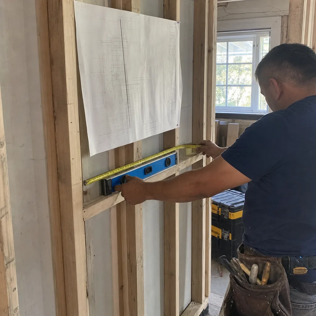 General contractor measuring wooden wall studs with a level and tape