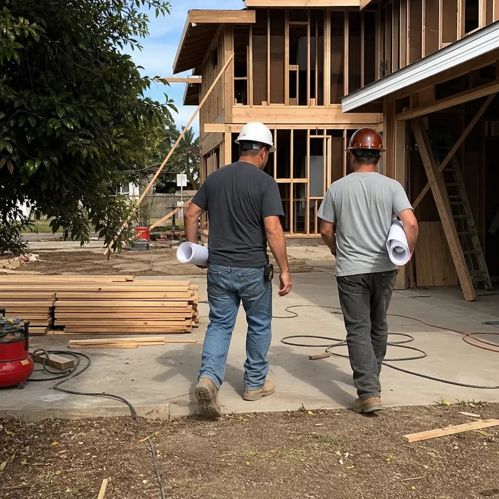 Two construction professionals carrying blueprints at a home renovation site
