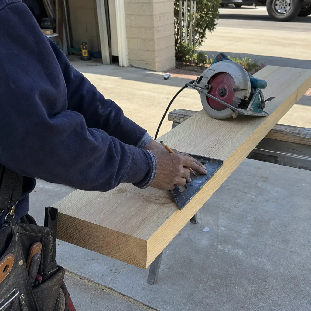 A carpenter marking a wooden beam with a square for cutting