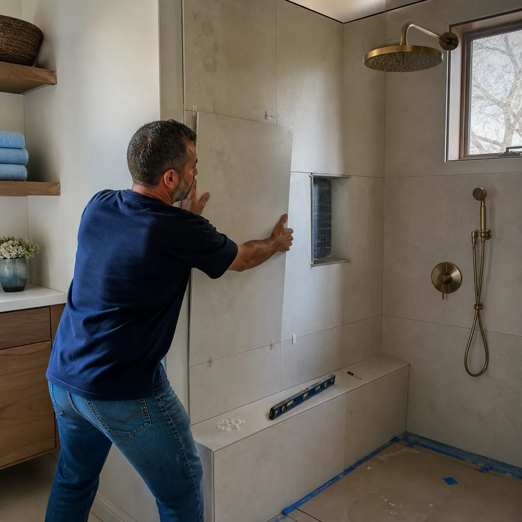 A tile setter installing wall tile in a shower