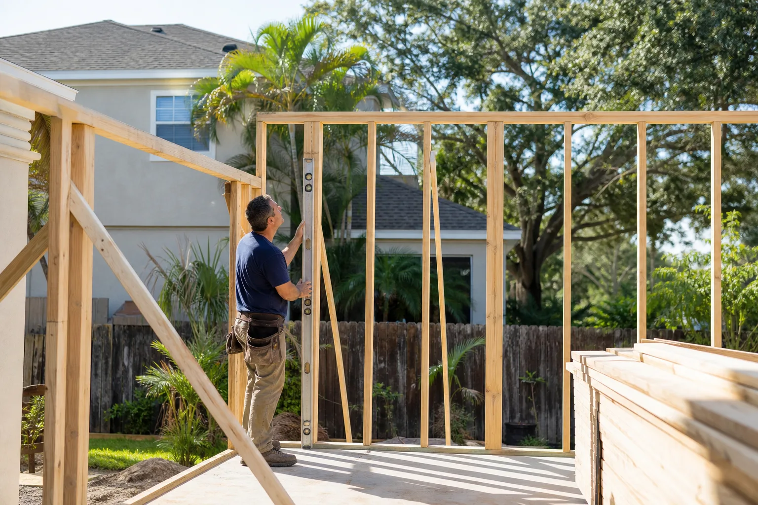 A framer checking new wall framing on a home addition
