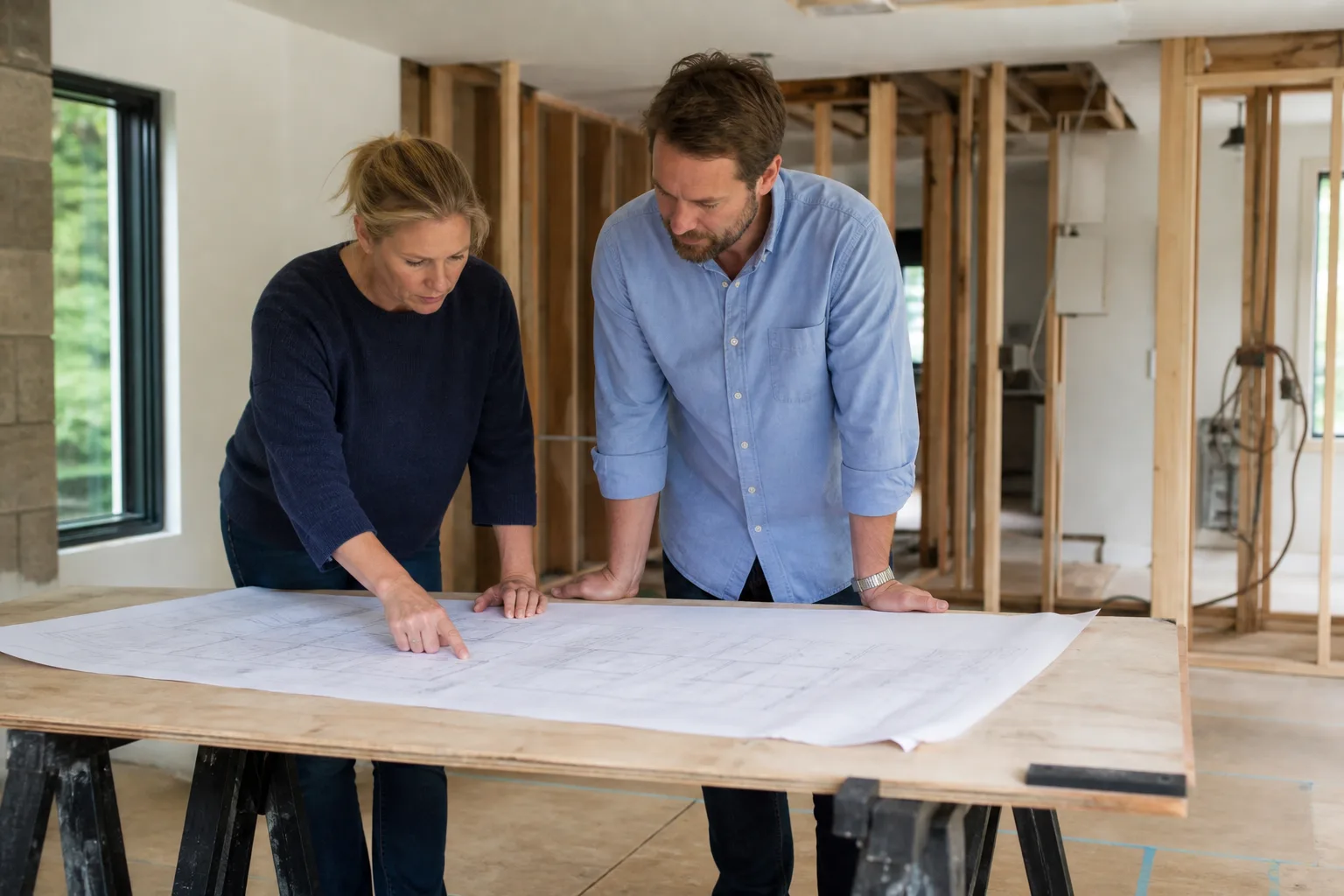 A project lead and homeowner reviewing plans in a room under renovation