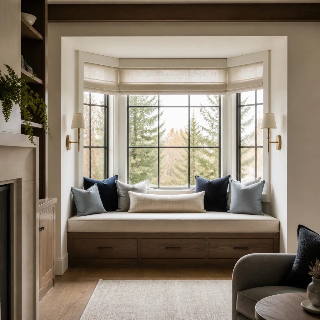 A built-in window seat in a bay window