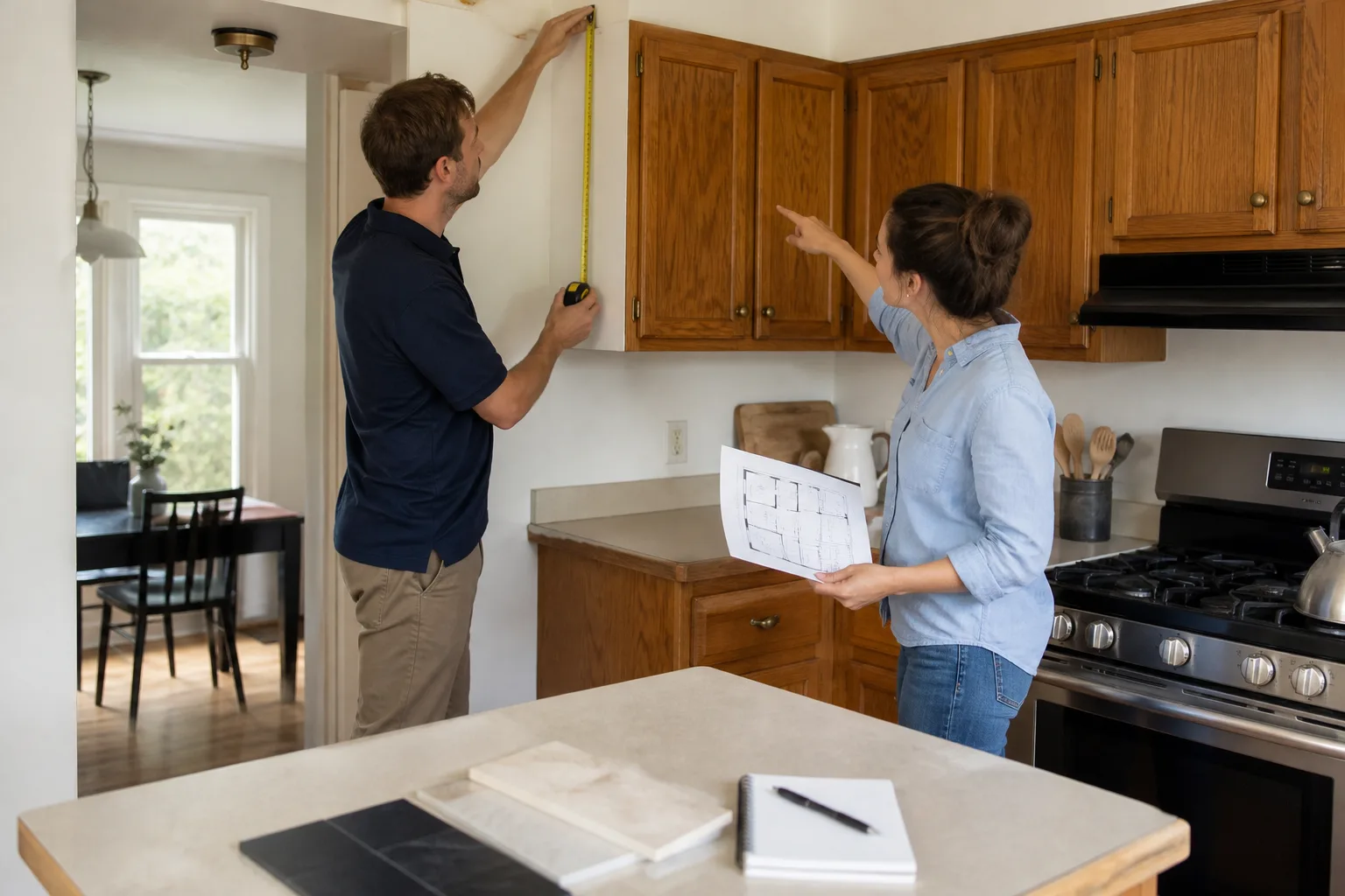 A project lead measuring a kitchen with the homeowner during a free estimate